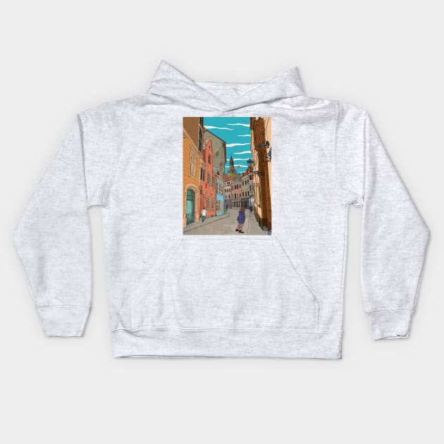 Downtown Riga Latvia Whimsical Retro Inspired Illustration Kids Hoodie by Wall-Art-Sketch